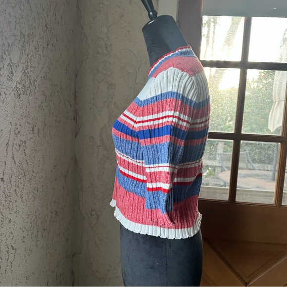 🦋 H&M Striped Red, White & Blue Crew Neck Fitted 3/4 Sleeve Cropped Sweater - Picture 4 of 10